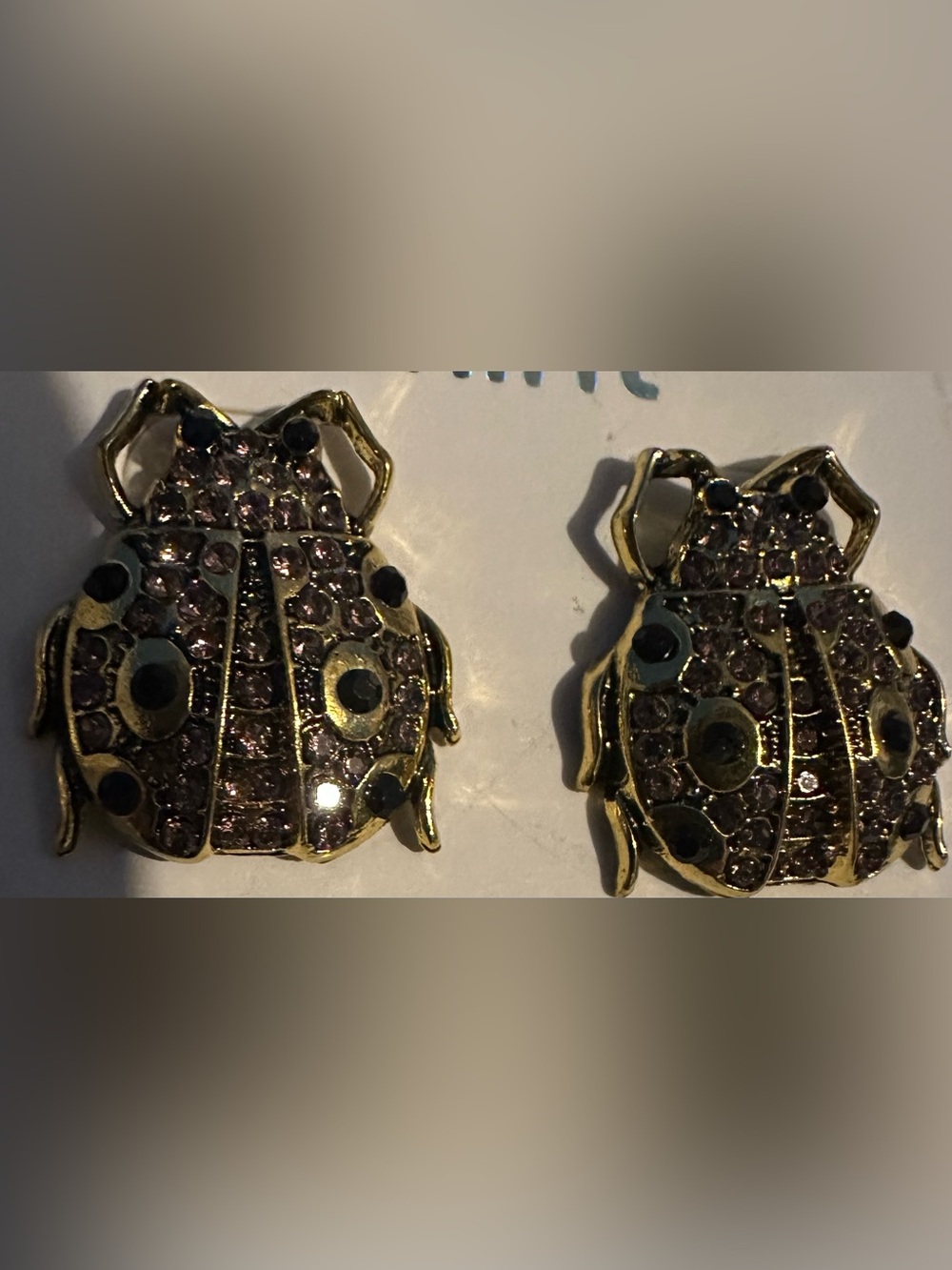 Gold-Tone Ladybug Earrings with Light PurpleRhinestones